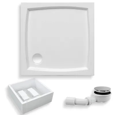 Zdjęcie produktu dla Brodzik Prysznicowy Kwadratowy 80x80x16,5 z Nośnikiem Styropianowym, Akrylowy, Gładki | Syfon odpływ ⌀90 mm + nogi (stelaż) | BADLAND PATIO
