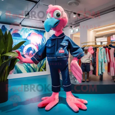 Produktbild von Marineblauer REDBROKOLY Flamingo Maskottchen Kostüm charakter bekleidet mit einem Playsuit und Haarspangen