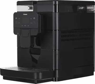 A black Saeco express coffee machine is shown from a side angle against a white background.