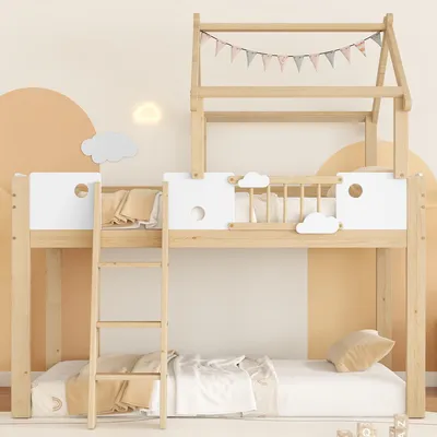 Produktbild von Hochbett 90×200 cm, mit Fallschutz, Gitter, Schrägleiter & Dach, Weiß/Natur