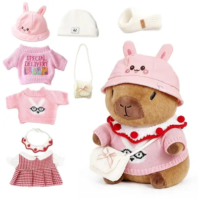 Produktbild von Plüsch Capybara Tier, 25 cm, mit Kopfdecke, Tasche und Kleidung, Kuscheltier für Kinder