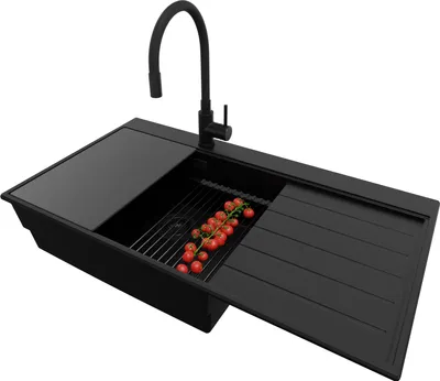 Produktbild von PRIMAGRAN Granitspüle Alles Schwarz 90x50cm, Spülbecken 1 Becken + Ablauf-Set + Küchenzubehörset, Küchenspüle ab 60er Unterschrank - Sydney