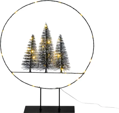 A decorative LED Christmas tree scene within a circular frame.