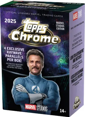 A product box for Topps Chrome Marvel Studios 2025 trading cards, featuring an image of Pedro Pascal as Mr. Fantastic.