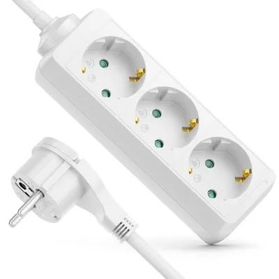 A white power strip with three outlets and a white plug on a white background.