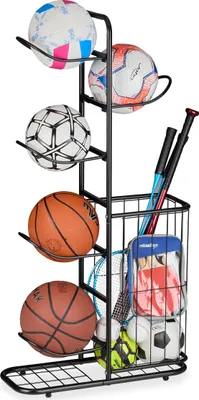 Immagine prodotto di Portapalle Relaxdays, 5 supporti rimovibili, per pallacanestro, calcio, porta attrezzi sportivi con canestro, metallo, nero