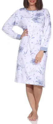 Produktbild von Normann Damen langarm Nachthemd im klassischen fraulichen Design mit Knopfleiste am Hals ; blau , 52