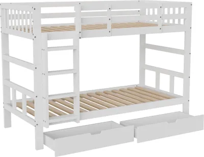 Zdjęcie produktu dla Łóżko piętrowe Moonbite, wymiar 90x200 cm, białe, z 2 szufladami, możliwość rozłożenia na 2 pojedyncze łóżka, z barierką ochronną i solidną drabiną