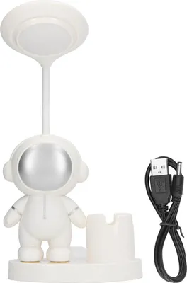 Obrázok produktu pre Malá stolová lampa v tvare kresleného astronauta dobíjateľná s držiakom na ceruzky s orezávačom pre spálňu na internáte biela