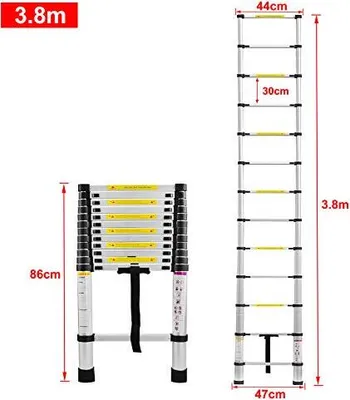 Obrázok produktu pre TRMLBE Hliníkový teleskopický rebrík Skladací 3,8 m multifunkčný rebrík Šikmý rebrík Viacúčelový rebrík Výsuvný rebrík 13 stupienkov z vysokokvalitného hliníka Nosnosť 150 kg