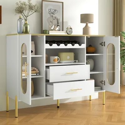 Produktbild von MODFU  Sideboard Beistellschrank mit Glasfronten und Weinregal,mit Viel Stauraum und modernes Design,Buffetschrank für Esszimmer&Wohnzimmer,Weiß