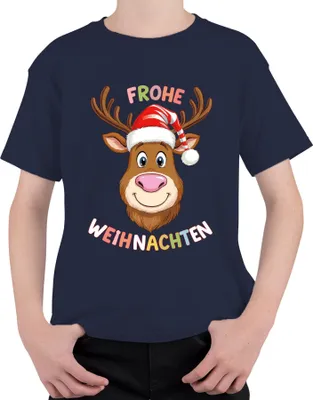 Produktbild von FROHE WEIHNACHTEN Rentier Weihnachtsmütze lustig kinder Geschenk Uni Kinder T-Shirt, Navy, 116