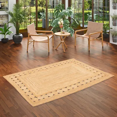 Produktbild von Naturfaser Teppich Handgefertigt Jute Salsa Ethno Beige Bordüre, Größe:80x240 cm