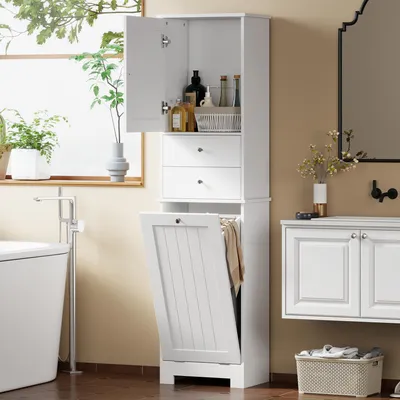 Produktbild von Hoher Badezimmerschrank mit Wäschekorb und Schubladen, 45x30x171,3 cm, Weiß