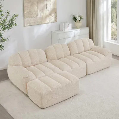 Produktbild von AIORBER L-förmiges modulares 3-Sitzer Sofa mit Ottoman, Boneless Design, 32D Hochdichtschaum, tiefe Sitzfläche, Beige