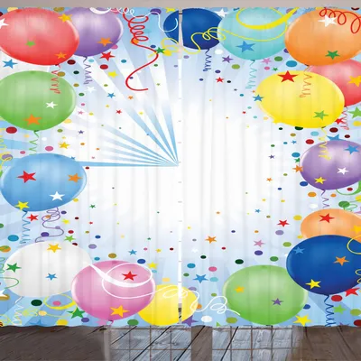 Obrázek produktu pro ARANDE Party záclona, motiv šťastné oslavy s barevnými balónky, konfetami a hvězdami, 280 x 175 cm, vícebarevná