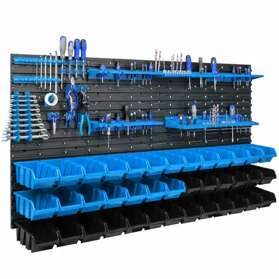 Immagine prodotto di 39 scatole impilabili scaffale a parete in plastica 154 x 78 cm portautensili sistema di stoccaggio per officina garage scaffale aperto scivolo per magazzino