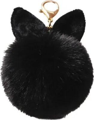 Produktbild von Plüsch Ball Schlüsselanhänger mit Hasenohren Pompom Keychain Bommel Taschenanhänger für Handtasche Auto (Schwarz)