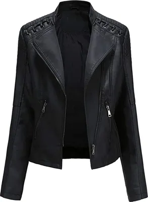 Produktbild von ASKSA Damen Kunstlederjacke Kunstleder Casual Slim Bikerjacke Jacke Reißverschluss Motorrad Outwear, Schwarz, XL