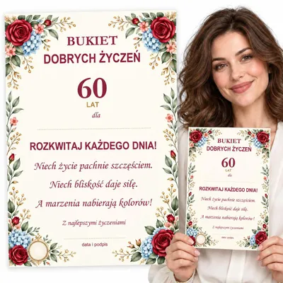 Image de Diplôme d’anniversaire A4 – 60 ans – „Bukiet Dobrych Życzeń” – texte en polonais