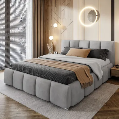 A modern bedroom with a bed, curtains, and a window.