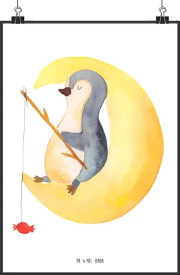 Produktbild von Mr. & Mrs. Panda Bild Pinguin Mond DIN A0 - Weiß - Geschenk, kunstposter, Süßigkeiten, schlafen, drucke, Erschöpft, wanddeko, Spruch, Wandbild, Wanddekoration