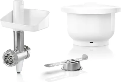 Produktbild von Bosch Zubehör-Set BakingSensation MUZS2BS, Fleischwolf, Kunststoffschüssel, Spritzgebäck-Vorsatz, Edelstahl Loch-Scheibe, 4 Gebäckvarianten, passend