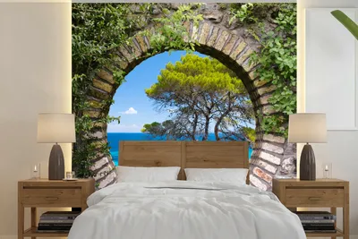 Produktbild von MuchoWow® Fototapete für Wohnzimmer oder Schlafzimmer Wandtapete Vinyl Motivtapete Meer - Baum - Tropisch - Ausblick - 240x240 cm - Schlafzimmer-Tapete