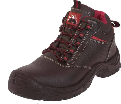 A single brown and red work boot is shown against a white background.