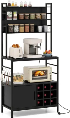 Produktbild von 170 cm hohes Küchenregal, Kaffeebarschrank mit Metallrahmen, integrierter Ladestation, S-Haken und Weinregalen, mit reichlich Stauraum, Schwarz