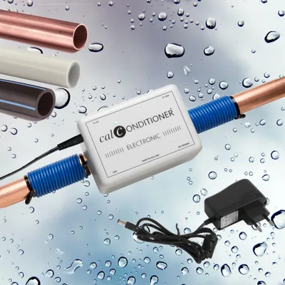 A water conditioner device is shown attached to copper pipes, with other types of pipes and a power adapter visible against a background of water droplets.