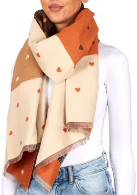 Immagine prodotto di Sciarpa da donna BRUBAKER Cashmirillo con motivo a cuore - 70 x 200 cm - Calda, accogliente e oversize - Sciarpa da donna per l'autunno e l'inverno, marrone, beige e arancione
