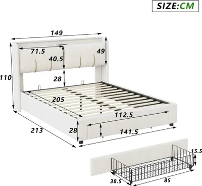 Obrázok produktu pre Postel s čalúnením – dvojlôžko 140x200 cm – čalúnená opierka s úložným priestorom – LED osvetlenie a USB porty – postel so zásuvkami – rošt – zamat, béžová farba