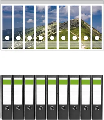 Produktbild von Wallario 9 Stück breite Ordner inkl. Klebeetiketten mit Motive Alpenluft -  Set mit Rückenschildern / Ordnerrücken Stickern