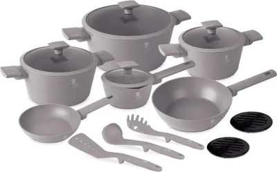 A set of gray cookware and utensils arranged on a white background.