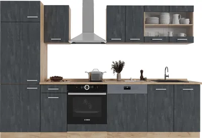 Produktbild von Küchenzeile Vicco R-Line Schwarz Beton/Goldkraft Eiche 300 cm AP Eiche, Model 47373