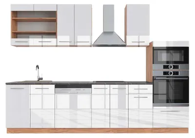 Obrázok produktu pre Kuchynský kút Vicco Fame-Line Biely vysoký lesk/dub Goldkraft 300 cm s vysokou skrinkou, AP antracit, Model 42344