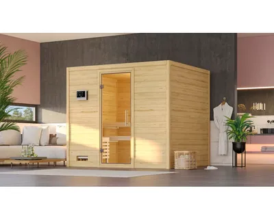 Produktbild von Massivholzsauna Karibu Monara ohne Ofen und Dachkranz mit Ganzglastüre aus Klarglas