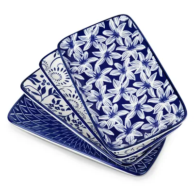 Obrázek produktu pro VANCASSO Sada sushi talířů, 4 kusů, obdélníkové servírovací talíře, porcelán, modrá a bílá barva