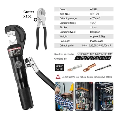 Immagine prodotto di Pinze idrauliche per crimpare, gamma 4-70 mm², forza 45 kN, APR-70 con utensile da taglio
