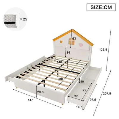 Immagine prodotto di Lettino per bambini - Letto rivestito in velluto con testiera e 4 cassetti - Struttura in legno - 140 x 200 cm - Beige