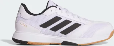A side view of a white Adidas Ligra 8 M hallenschuh.