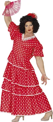 A person wearing a flamenco-style dress and wig, holding a fan.