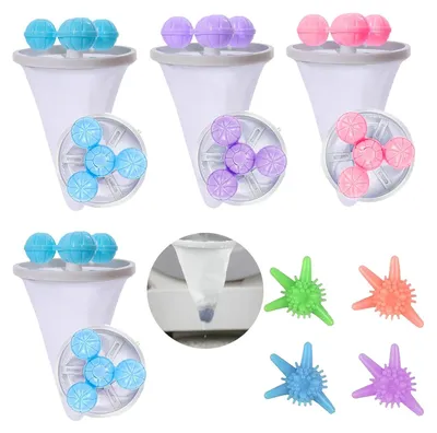 A collage of laundry accessories, including washing machine hair catchers and laundry balls.