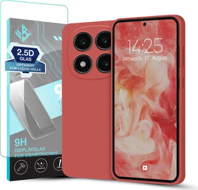 Produktbild von Hülle für Xiaomi Redmi Note 14 Pro mit 9H Displayglas Displayschutz Plus Case Cover Bumper Silikon Softgrip Schutzhülle Farbe: Rot
