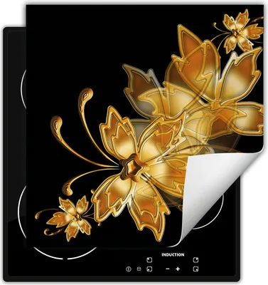 Produktbild von DarHaus Herdabdeckplatte 60x52 cm Anti Rutsch Matte Aufrollbar, schwarz - gold - Blumen