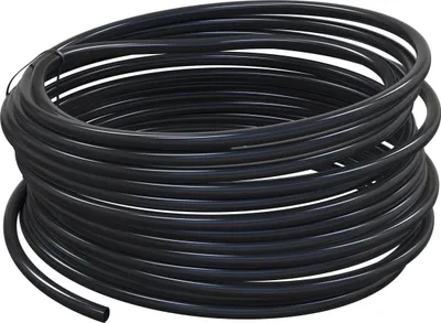 A coiled black hose on a white background.
