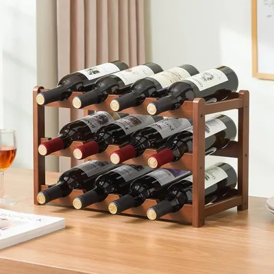 Image de Étagère à vin - Support indépendant pour bouteilles de vin - Bois - 3 niveaux - Capacité de 12 bouteilles - Idéal pour la cuisine, la cave à vin, le bar et la garde-manger