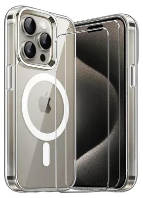 Obrázek produktu pro sada ochranných krytů 2v1 pro Apple iPhone 16 Pro Max se skládá z 2x ochranného skla 9H a 1x silikonového pouzdra - průhledného krytu