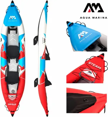 Produktbild von Aqua Marina Kajak 412x83 cm für 2 Personen mit Luftsitz verstellbarer Lehne Transporttasche Reparaturset und Handpumpe strapazierfähig Blau/Weiß/Rot